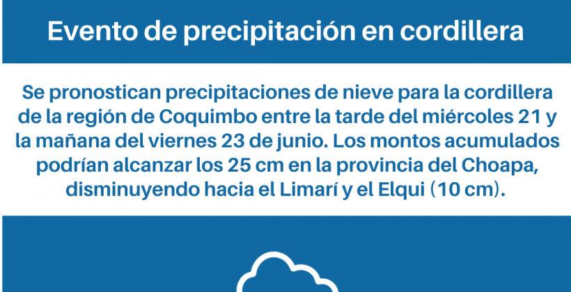 Se pronostica evento de precipitación en cordillera para la región de Coquimbo