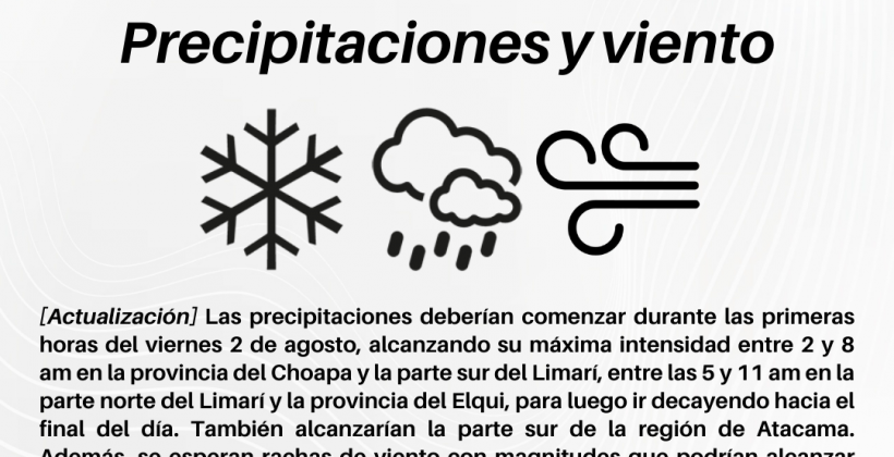 Actualizan pronóstico de precipitaciones para este 2 de agosto en las regiones de Coquimbo y Atacama