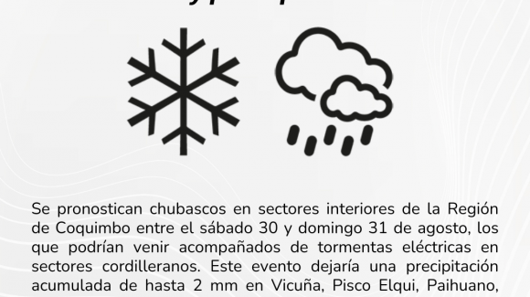 Se pronostican chubascos en sectores interiores de la Región de Coquimbo