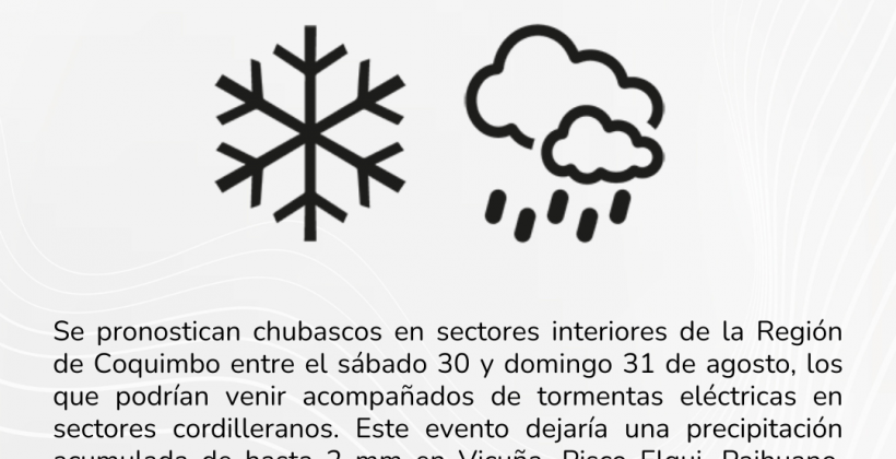 Se pronostican chubascos en sectores interiores de la Región de Coquimbo