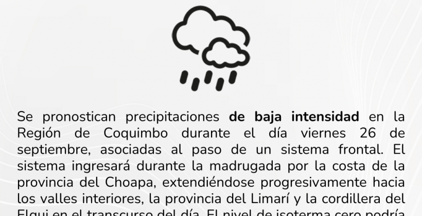 Se pronostican precipitaciones de baja intensidad en la Región de Coquimbo