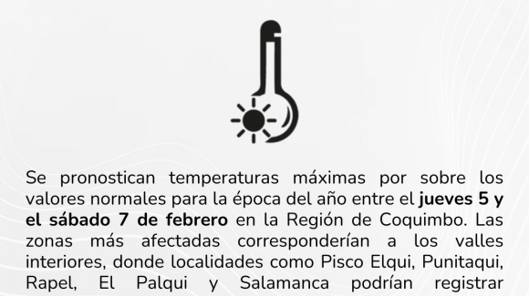 CEAZA emite alerta por altas temperaturas entre este jueves y sábado en la Región de Coquimbo
