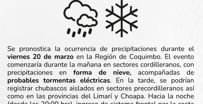 Lluvias débiles y nieve en cordillera se pronostican para este viernes en la provincia del Choapa