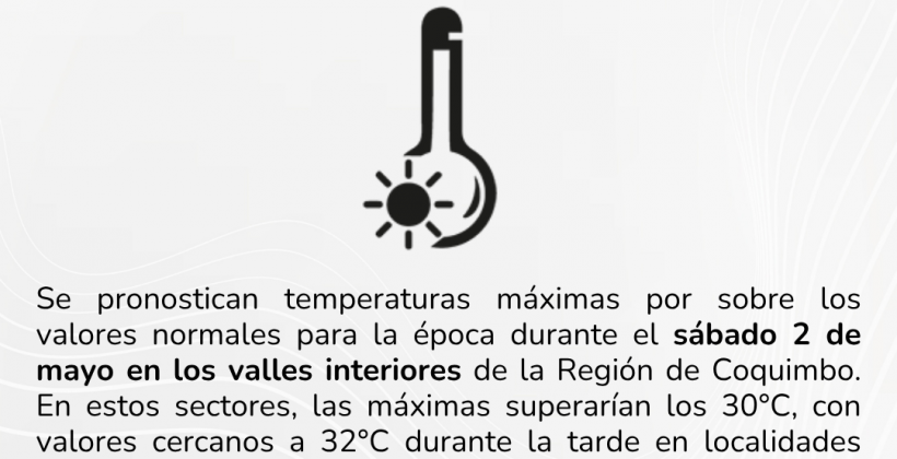 Altas temperaturas afectarán a valles interiores de la Región de Coquimbo este fin de semana